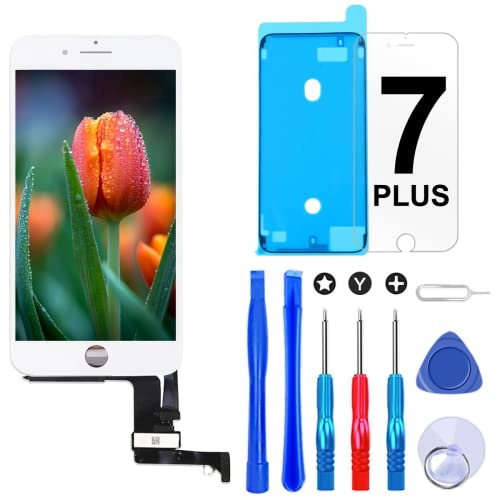 Écran LCD pour iPhone 7 Plus Blanc, 5,5 Numériseur Tactile Remplacement | écran LCD HD, 3D Touch précis sensible, solide durable. Kit réparation, verre trempé + joint pour réparer écran smartphone