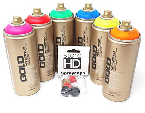 Montana Gold Sprühdosen Set, 6 Neon Farben + 10 Ersatzsprühköpfe - 6 x 400ml