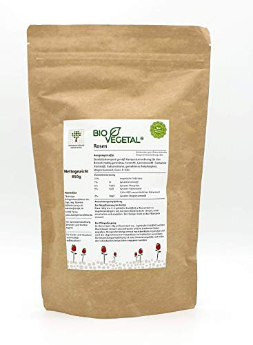 BioVegetal organisch-mineralischer Rosen-Dünger mit Guano und natürlicher Langzeitwirkung durch Fixierung der Nährstoffe durch Ton-Humus-Komplex, 850 Gr. Standbodenbeutel
