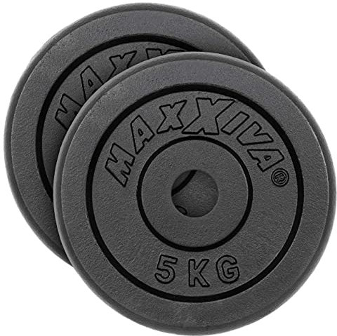 MAXXIVA Hantelscheiben 2er Set Gewichtsplatte je 5 kg 100% Gusseisen schwarz 10 kg Fitness Krafttraining Bodybuilding Workout Gewichtheben Reha
