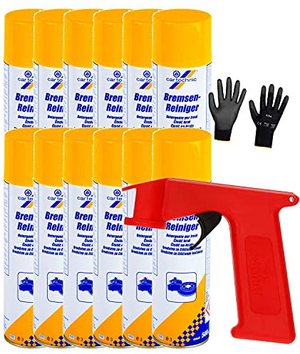 Iloda® Schutzhandschuhe + Sprüh-Pistolengriff (rot oder schwarz) + 12x 500ml cartechnic Bremsenreiniger Spray, Entfetter, Ölentferner, Fettentferner