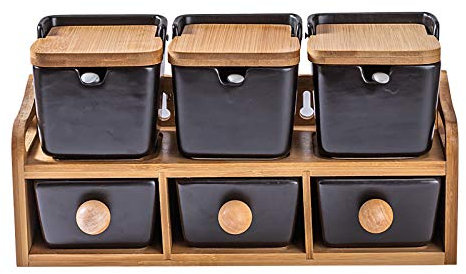 Tarros De Especias, Azucarero, Azucarero De Cerámica con Cuchara Y Tapa De Bambú para El Hogar Y La Cocina - Diseño Moderno, Incluye Bandeja De Madera Auténtica,Negro,6pcs
