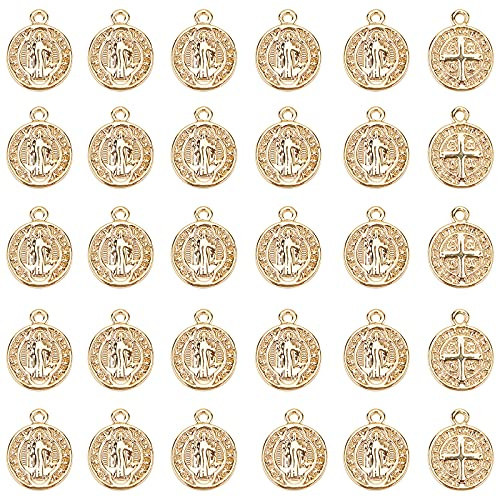 nbeads 30 Stück Flache Runde Anhänger, Messing Charms Anhänger Perlen Charms Mit Saint Benedikt Medaille Echt 18K Vergoldet Schmuckanhänger Für Die Schmuckherstellung, Bohrung: 1 mm
