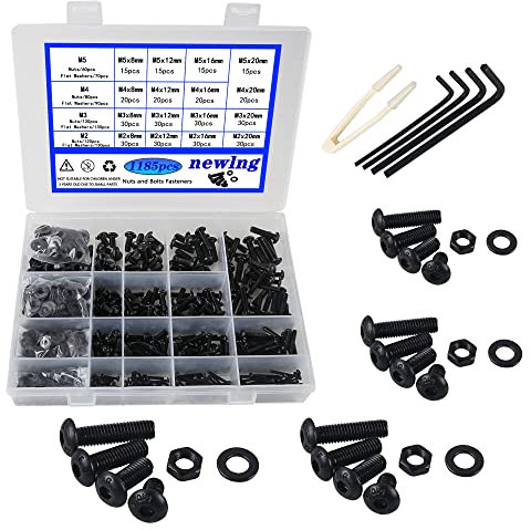 newlng M2 M3 M4 M5 Set di viti e dadi con Rondelle 1180 Pezzi Acciaio al Carbonio Set di dadi e bulloni Nero Viti a Sei Pans Hollow Esagonale Assortimento Kit
