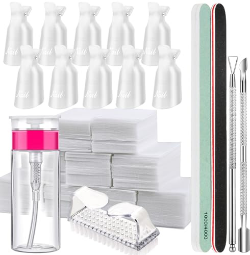 Gel Nail Polish Remove Tool Kit - FANDAMEI Nail Remove Clip, 100ml Nail Polish Remover Bottle, 500 Nail Remover Cotton Pad, Nail Brush, Cuticle Pusher, Cuticle Peeler, Nail File Buffer, Transparent