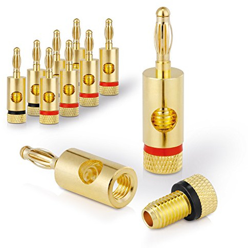 Sonero Bananenstecker 8er-Set, vergoldet, für Lautsprecherkabel/Boxenkabel | Für Kabelquerschnitte von 0,75–6mm², Doppelverschraubung, gefederte Lamellen, rot/schwarz, für HiFi-Verstärker & Receiver