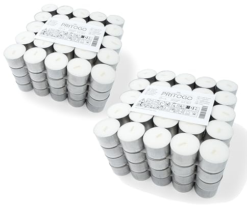 Pritogo Teelichter - Weiss (200 Stück) 8 Stunden, 20 g Wachsgewicht, unbeduftet in Aluhülle, Rußfrei, Brenndauer: 8 Stunden