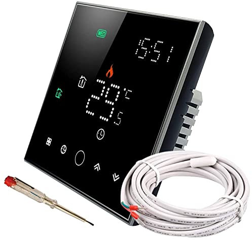 Nassboards Smart WiFi Electric Thermostat - Wireless Control Compatible with Mobile App, Alexa, Google Home - Touch-Screen Thermostats, Temperature Sensor for Floor Heating - Installation Kit Included