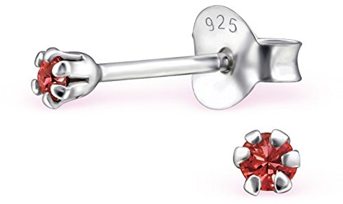 Bungsa Damen-Ohrstecker 2mm mit echtem europäischem Kristall .925 Sterlingsilber (Padparadscha Rot)