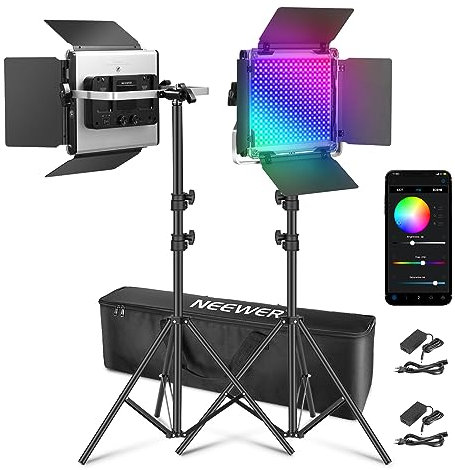 NEEWER 2X amélioré 660 PRO II 50W RVB LED panneau d'éclairage vidéo ensemble trépied avec contrôle par application lumière vidéo 360 ° lumière vidéo photo couleur/CRI97 +/3200K ~ 5600K