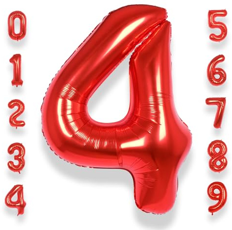 AULE Luftballon Zahl 4 Rot 40 Zoll Folienballon Helium 0-60 Geburtstag | XXL 101 cm Rot Luftballon Zahlen Groß Zahlenballon für Geburtstag Abschluss Jubiläum Dekoration