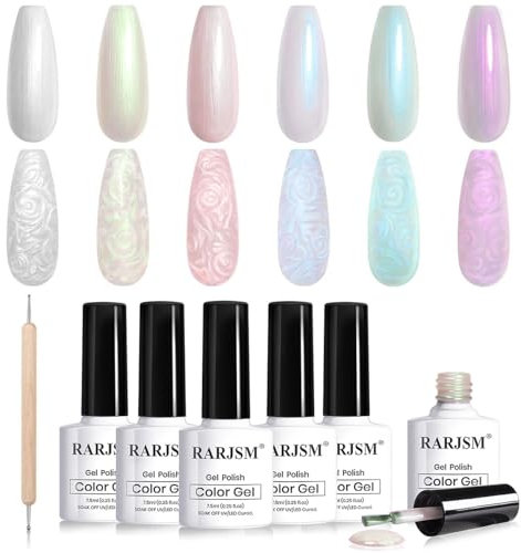 RARJSM Pearl Gel Nail Polish Set of 6 Shell Glitter Pearlescent Gel Polish Pink Beige Pearl Blue Green Purple Shimmer Mermaid Swirl Thread Effect Nail Soak Off LED UV Curing Requires DIY Manicure