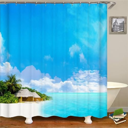 Guofuos Duschvorhang Inselstrand 150x140cm Duschvorhäng Anti Schimmel,Wasserabweisend Stoff Duschrollo Waschbar,3D Draussen Bad Vorhang Schnell Trocknend,Badewanne Badezimmer Decor Vorhänge