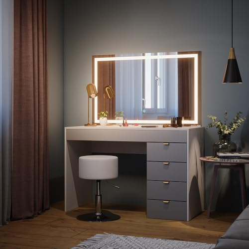 Vicco Schminktisch Elise, Weiß/Grau/Grau, 115 cm | mit LED-Spiegel & Hocker, mit LED-Beleuchtung und höhenverstellbarem Drehsitz