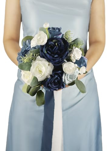 BENCENTRE 17,8 cm marineblauer Hochzeitsstrauß für Braut, Brautjungfer, kleiner Blumenstrauß, für Strandhochzeit, Heiratsantragsparty und Vintage-Hochzeitszeremonie, Jahrestag, künstliche Blumen