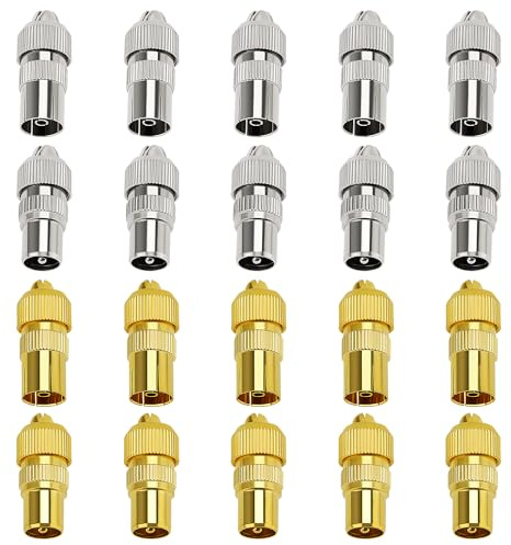 KUOQIY 20 Pezzi Connettore Coassiale in Metallo per Antenna TV, 10 Femmina e 10 Maschio Adattatore Connettore Coassiale RF per Cavo Antenna, Connettore Adattatore Coassiale per Cavo RF