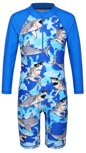 HUAANIUE Garçons Enfants Maillot de Bain 1 Pièce Anti-UV UPF 50+ Enfants Garçons Costume de Bain zippé à Manches Longues 2-14 Ans (S469-Requin Bleu Roi, 5-6 Jahre)