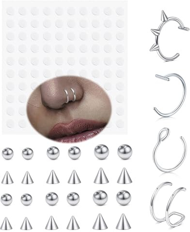 QSKISS Faux Piercing pour Nez, Sourcils, Labret, Lèvre avec 100 Autocollants Non Piercing, Bijoux de Corps