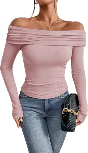 TrendiMax Womens Long Sleeve Off Shoulder Sexy Tops Ruched Elegant Shirts Knit Slim Fitted Blouse T Shirt