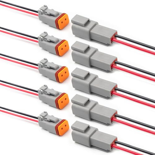 Elecbee 5 Paare DT KFZ Stecker mit 16AWG Kabel, Kfz Steckverbinder, für Deutsch Stecker 2 Polig, DT Series Kabelverbinder Wasserdicht, Kabelstecker mit 16 AWG Kabeldraht