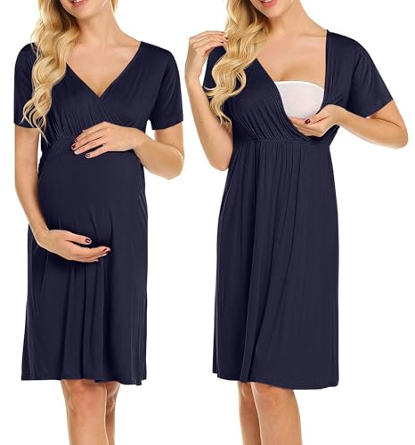 Weardear Dam moderskap nattlinne kortärmad V-ringad amning nattskjorta graviditet arbete nattkläder, marinblå, XL