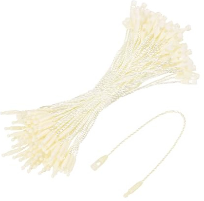 QUARKZMAN 100 Stück Hängeetiketten Etiketten Schnur für Etiketten Beige | 120mm Sicherheitsfäden, Schnappverschluss zum Anbringen, Für Hängeetiketten Kleidung