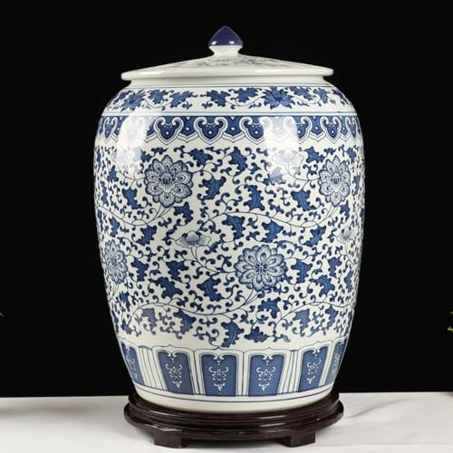 YUGXTH Ceramic Rice Bucket, Food Storage Container, Rice Bucket Grain Storage Food Dispenser, Chinese Design Ceramic Rice Storage Containe, Sealed Ceramic Rice Jar, for Rice Beans Grains(25kg-B)