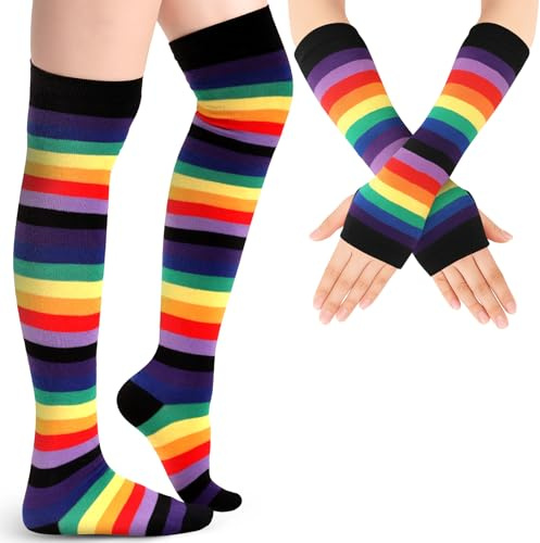 Blulu Armstulpe Beinwärmer für Damen Gestreifte Oberschenkel Socken Streifen Fingerlose Handschuhe (Regenbogen Schwarz)