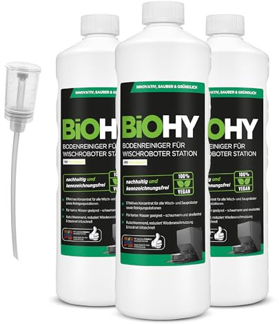 BiOHY Detergente per pavimenti per robot, stazione con profumo fresco (3 x 1 litro) + dosatore, detergente concentrato per tutti i robot pulitore e aspirapolvere con funzione bagnata, braccio di