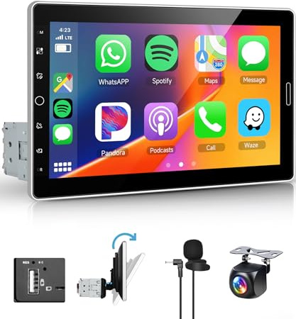 Hodozzy 1 Din Stereo Auto con Schermo Rimovibileile IPS da 10,1, Wireless CarPlay e Android Auto Autoradio con Bluetooth 5.2/Mirror Link/AM/FM/RDS/EQ/USB/SWC + Telecamera Posteriore