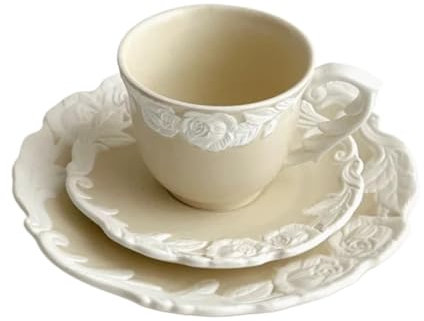 Porzellan-Teeservice Keramik Rose Kaffeetasse Set Luxus Retro Geprägte Platte Reines Porzellan Becher Nette Espresso Kaffee Tasse Set Restaurant Dekor(Yellow)