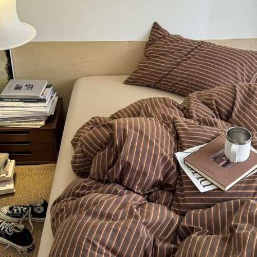 Lanqinglv Bettwäsche 155x220 cm Braun Gestreift Allergiker Bettwäsche aus Microfaser, ÖKO-TEX Bettwäsche Set - Bettbezug mit Reißverschluss und 1 Kissenbezug 80x80 cm