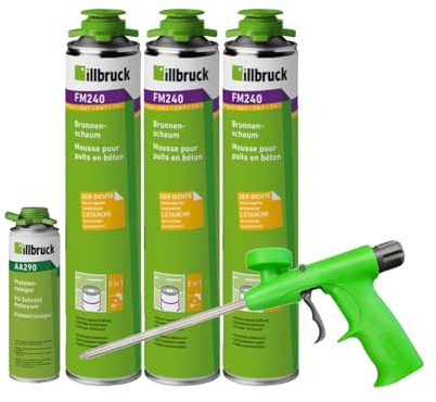 FM240 Brunnenschaum Polyurethanschaum, Beständig gegen Wasser Verrottung und Wärme, Schachtringverklebung 750ml Kombisets (mit Reiniger AA290 + Schaumpistole Illbruck, 3x)