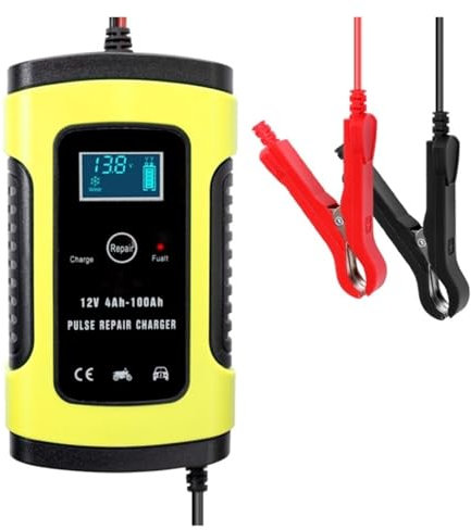 SHEHUALI Autoladegerät, 12V 6A Impulsreparatur-intelligentes Ladegerät LCD-Anzeige for LKW-Motorrad-Auto 12V AGM-Gel-Trocken-Nass-Blei-Säure-Batterie 75AH 90AH 100AH(Yellow)
