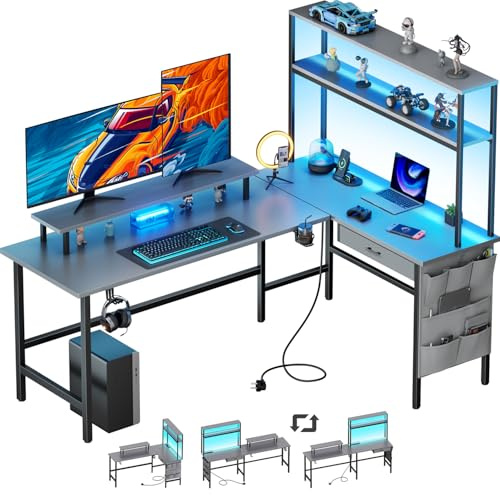 HLONONE 170 x 100 cm Gaming Tisch mit LED, Eckschreibtisch mit Steckdose | Reversibel, 3 USB-Anschlüssen, Monitorständer, Aufbewahrungstasche & Schublade, für Homeoffice und Gaming, Grau