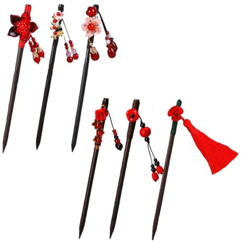 6 unidades de palillos chinos para el cabello para mujer, accesorios de palillos de pelo japoneses, accesorios retro de cereza roja, pinzas de cereza hechas a mano, borla de flores, disfraz de geisha