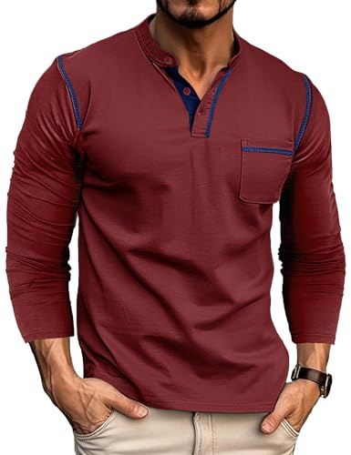 T Shirt Manche Longue Homme Tee-Shirt Coton Henley T-Shirts Casual Boutonné Tshirt Regular Fit Rouge L