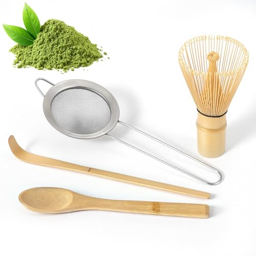 Kssiaz 4 Pièces Ensemble de Fouets à Matcha, Kit Matcha en Bambou et Fouet, Tamis en Acier Inox, Cuillère et Cuillère à Glace, Accessoires pour Cérémonie du Thé Matcha, Cadeaux pour Amateurs de Thé