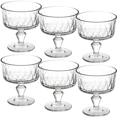 Queensway Home & Dining Footed Glass Dessert Bowls - 250ml Ice Cream Sundae Cups with Leaf Design - Clear Glass Dishes for Fruit, Pudding, Snacks - Dishwasher & Fridge Safe - Set of 6