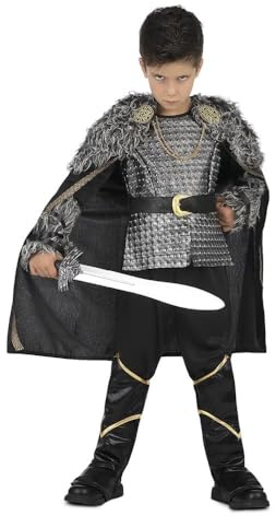 My Other Me Déguisement de viking pour enfant, taille 10-12 ans. Comprend une cape noire avec boutons-pression dorés, un col et des manchons en fausse fourrure, une tunique grise avec clous