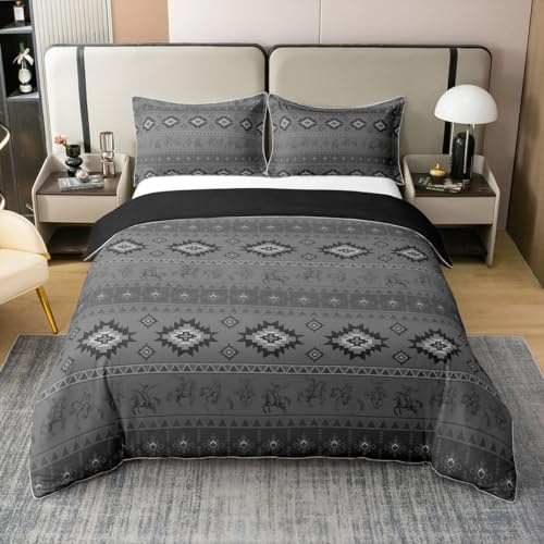 Feelyou Western Cowboy Duvet Cover 100% Cotton King Size Boys Girls Southwestern Aztec Bedding Set Breathable Soft Horse Riding Design Comforter Cover 3Pcs Ranch Farmhouse Gray Zipper Closure