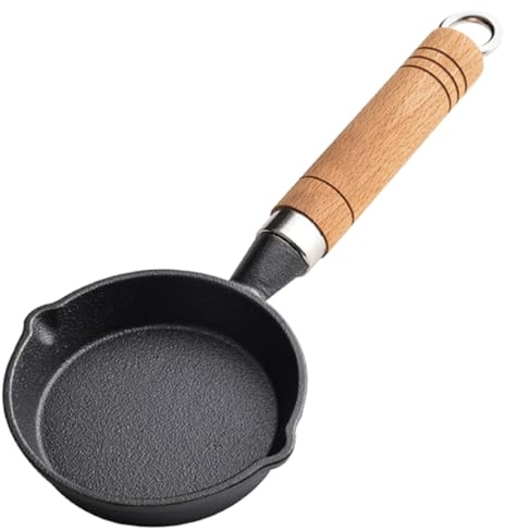 HIAKDOFT Padella Piccola in Ghisa Antiaderente per Uova e Pancake Pentola da Cucina con Manico in Legno Ergonomico Resistente al Calore e Distribuzione Uniforme del Calore per Frittate e