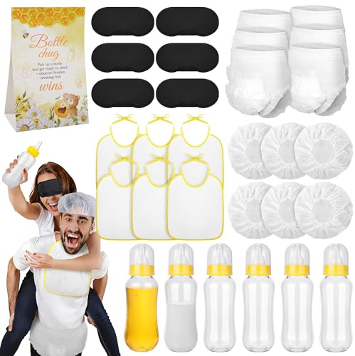 Aneco 6 Set Bottle Chug Baby Shower Games, Plastic Juegos Para Baby Shower Bottle, Gender Reveal Race Decoration with Bottles Bibs Sign Diapers Caps Blindfolds for Adult Party Supplies, Light Yellow