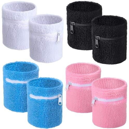 Newofview 8 Stück Schweißband mit Reißverschluss Handgelenk Tasche | 8*8cm Kinder Sport Armbänder für Geld Schlüssel, atmungsaktives Schweissband für Basketball Tennis Laufen Fitness