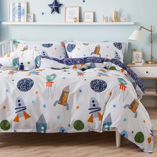 Brandream Full Size Kids Bedding Set 100% Cotton Boy Girl Space Galaxy Bedding Set 4-Piece Duvet Cover Set (Duvet Cover + Fitted Sheet + Pillowcases)