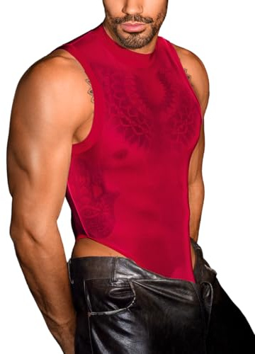 EHSUYAB Sexy Glossy Mens Lingerie Sheer, Snap Crotch Thong Leotard High Cut Muscle Suit, Mesh Rave Bodysuit Top Club Outfits Red X-Small-Small