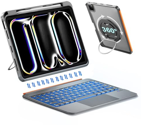 Funda con Teclado Para iPad Pro 11 (M5,M4,2025,2024)Teclado Magnético Extraíble,Soporte Metálico 120°,Trackpad Grande,Teclas Resorte,7 Colores Retroiluminación,Portalápiz Delgada Ligera(Gris oscuro)