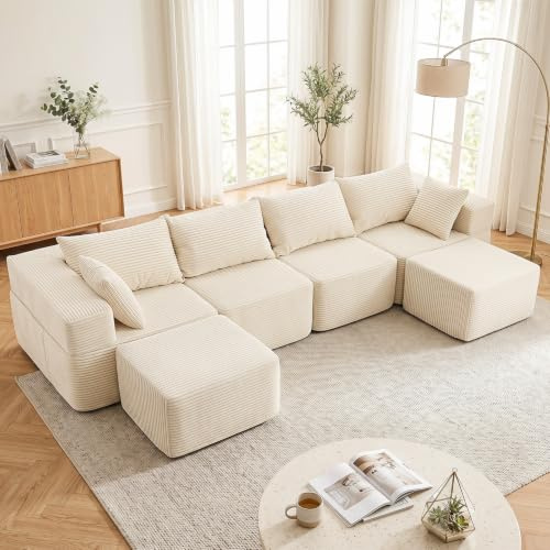 COSTWAY Modulär hörnsoffa med sovfunktion, boneless soffa av manchester | Bäddsoffa med ottoman, ingen montering krävs, soffa för vardagsrum, 333 × 150 × 58 cm, beige