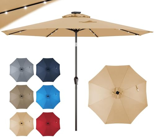 GOPLUS Parasol de Jardin Exterieur 3M, Grand Parasol Inclinable avec Lumineux Solaire 24 LED, 8 Baleines, Manivelle, Anti-UV, pour Plage Balcon Patio, Base Non Incluse (Beige)