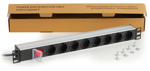 Link LKMP08S – Mehrfachsteckdose 19 Zoll (39 cm) mit 8 Schuko-Steckdosen mit Schalter Schuko-Stecker 16 A – umkehrbare Netzteile 180°